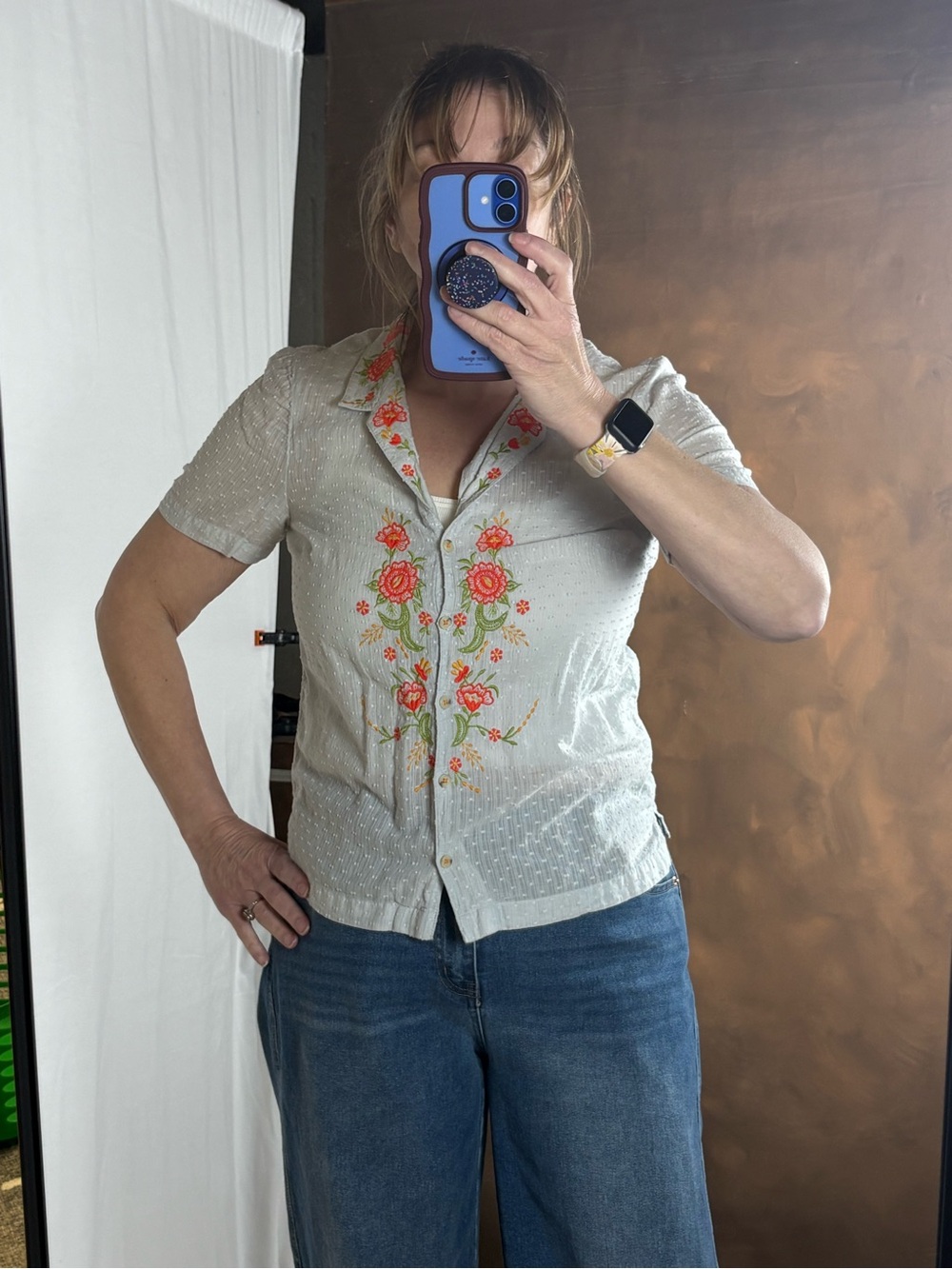 Anthropologie Cream Short-Sleeve Button-Down with Orange Floral Embroidery